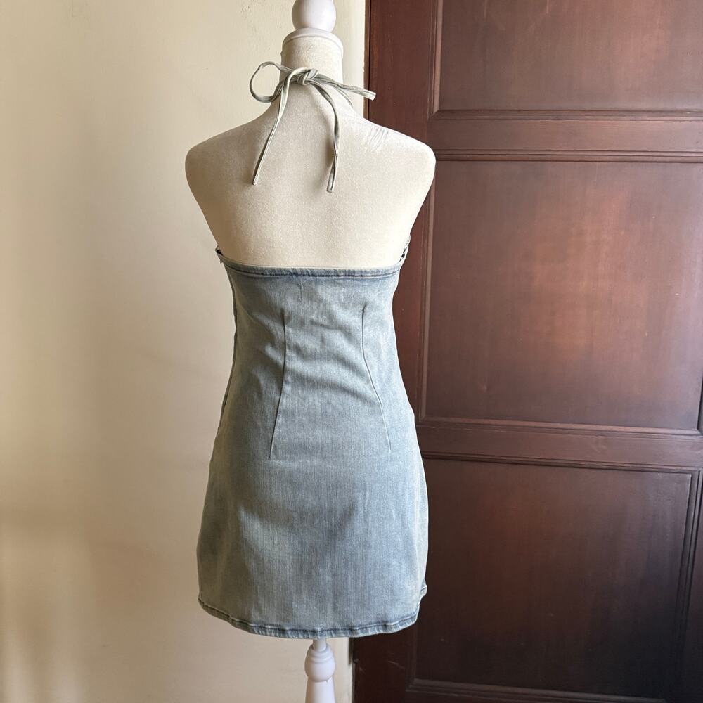 SER.O.YA Sage Denim Halter Mini Dress Slit in Skylight | Medium BNWT - Picture 5 of 6